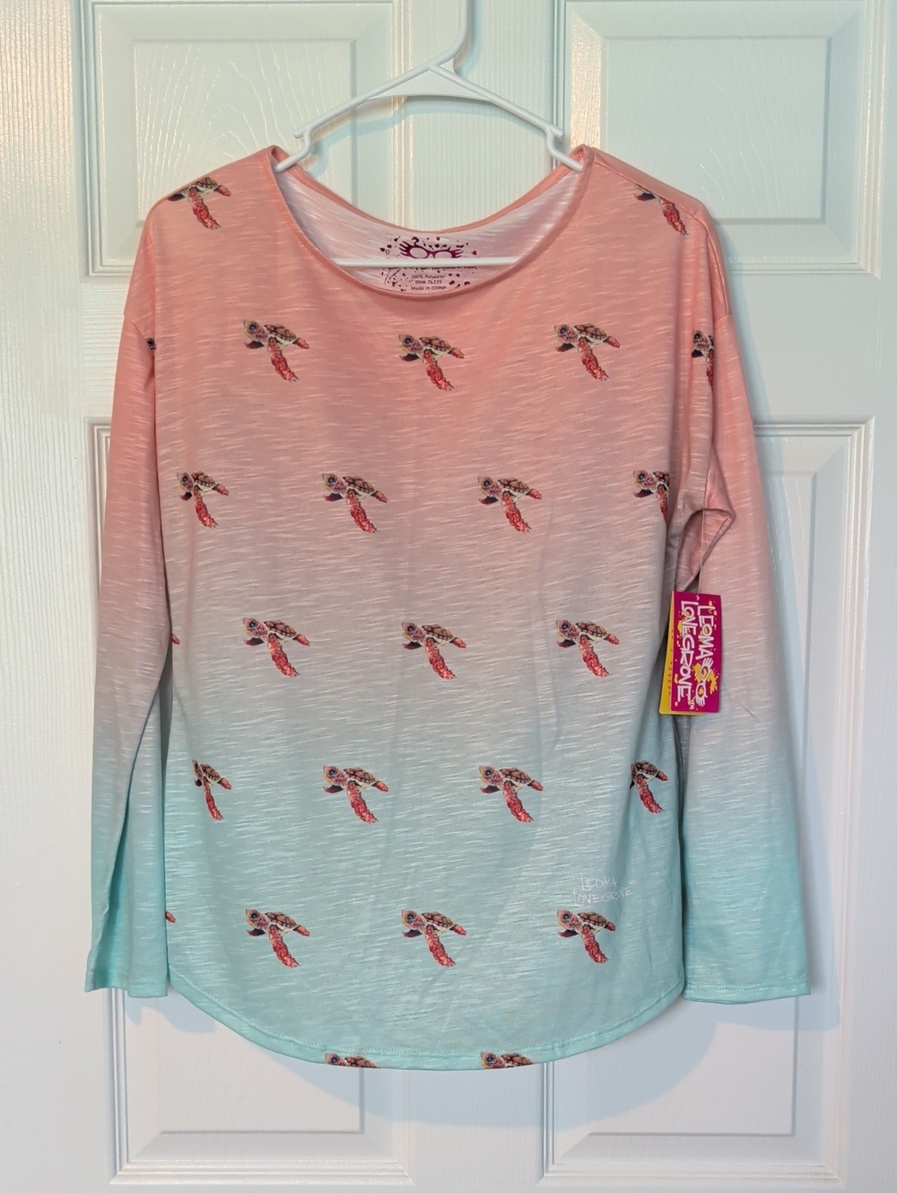 Womens' Small Ombre Sea Turtle Long-Sleeve Top - Pink to Mint, New With Tags